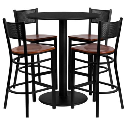 Round Black Laminate Table Set with 4 Grid Back Metal Barstools - Cherry Wood Seat