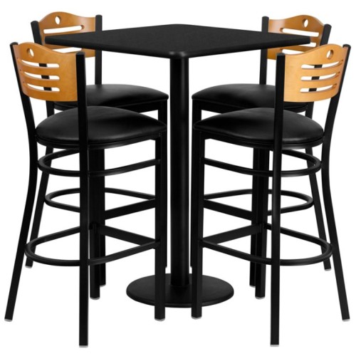 Square Black Laminate Table Set with 4 Wood Slat Back Metal Barstools - Black Vinyl Seat