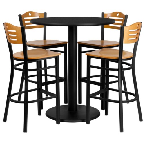 Round Black Laminate Table Set with 4 Wood Slat Back Metal Barstools - Natural Wood Seat