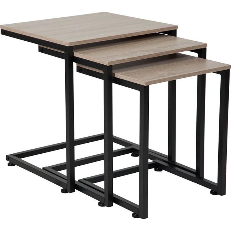 Oak Wood Grain Finish Nesting Tables with Black Metal Cantilever Base