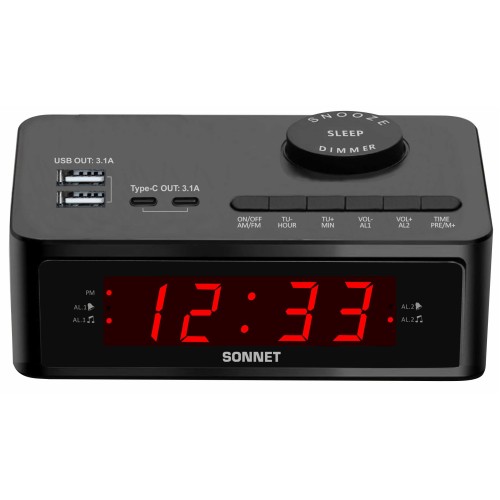 Sonnet LED Alarm Clock Radio w/ 2 USB-A & 2 USB-C Ports Black 20 Per Case