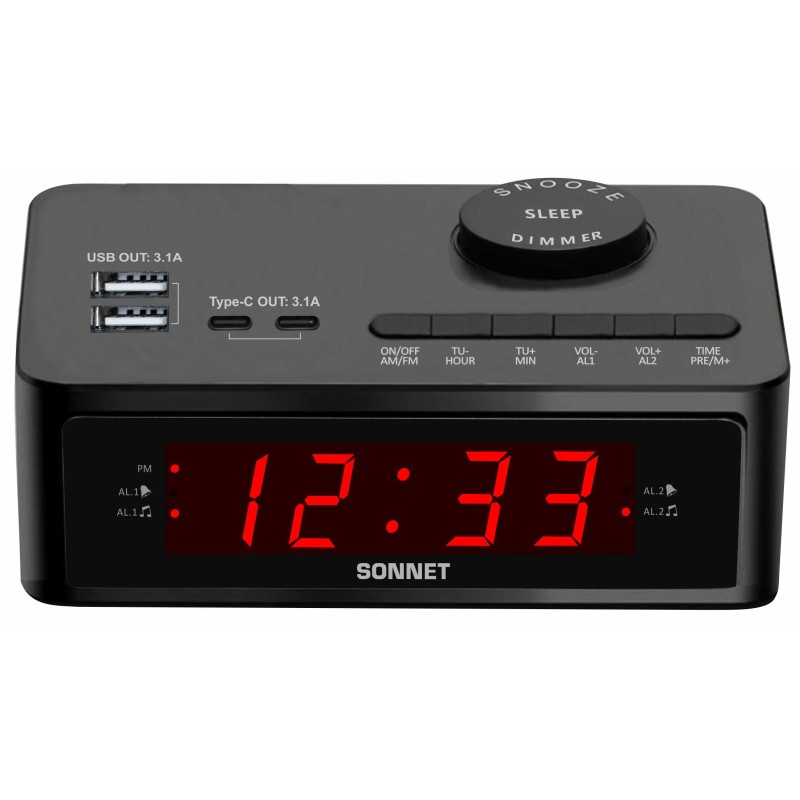 Sonnet LED Alarm Clock Radio w/ 2 USB-A & 2 USB-C Ports Black 20 Per Case