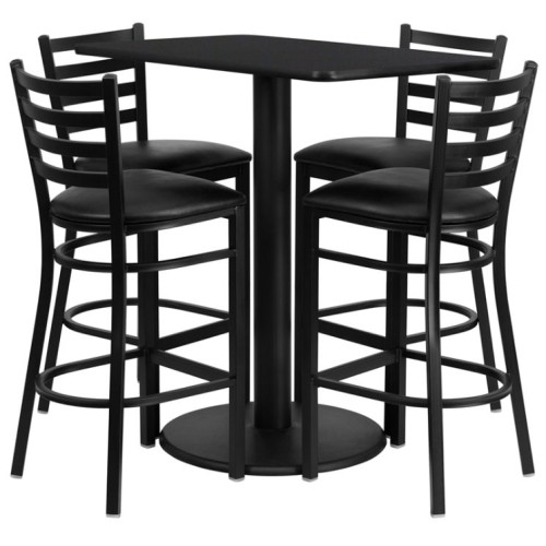 Rectangular Black Laminate Table Set with 4 Ladder Back Metal Barstools - Black Vinyl Seat