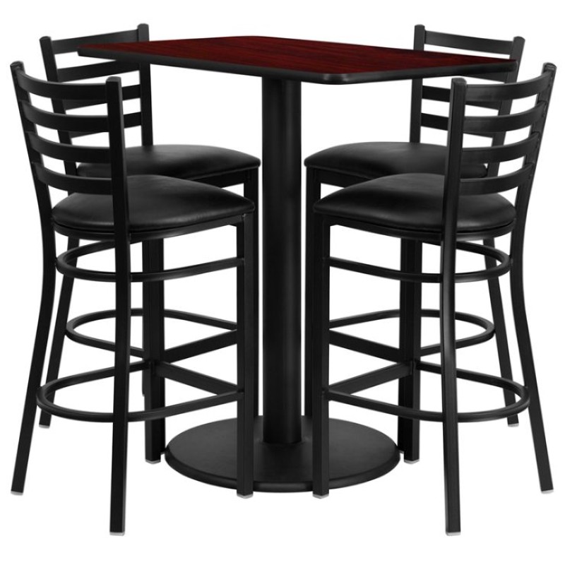 Rectangular Mahogany Laminate Table Set with 4 Ladder Back Metal Barstools - Black Vinyl Seat