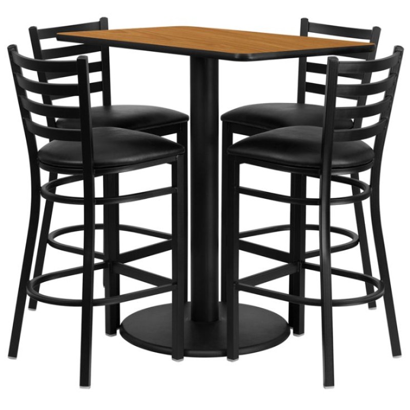 Rectangular Natural Laminate Table Set with 4 Ladder Back Metal Barstools - Black Vinyl Seat