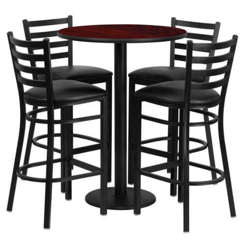 Round Mahogany Laminate Table Set with Round Base and 4 Ladder Back Metal Barstools - Black Vinyl Seat