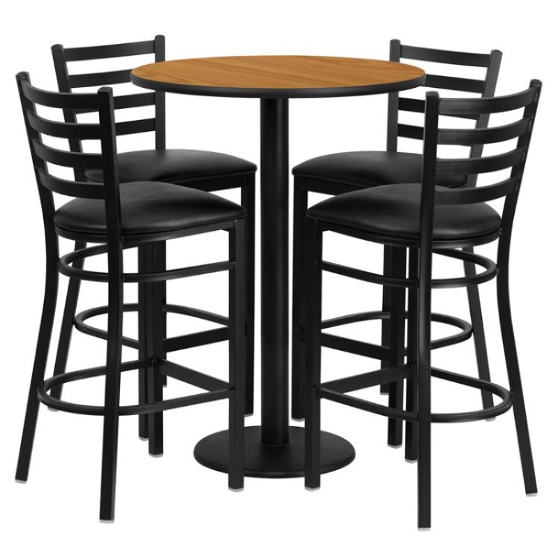 Round Natural Laminate Table Set with Round Base and 4 Ladder Back Metal Barstools - Black Vinyl Seat