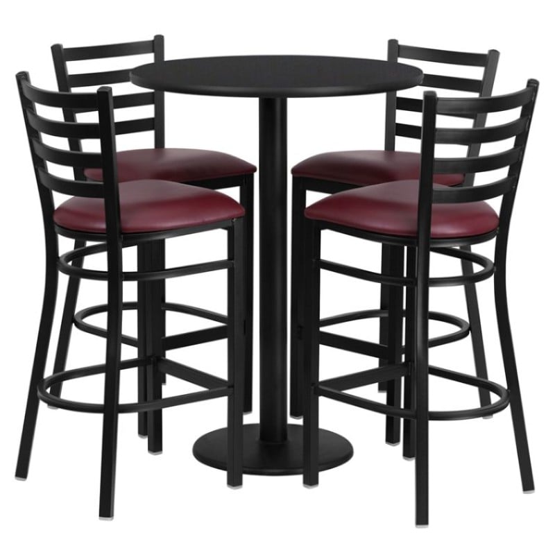 Round Black Laminate Table Set with Round Base and 4 Ladder Back Metal Barstools - Burgundy Vinyl Seat