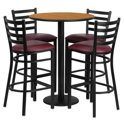 Table Set with Round Base and 4 Ladder Back Metal Barstools - Burgundy Vinyl Seat