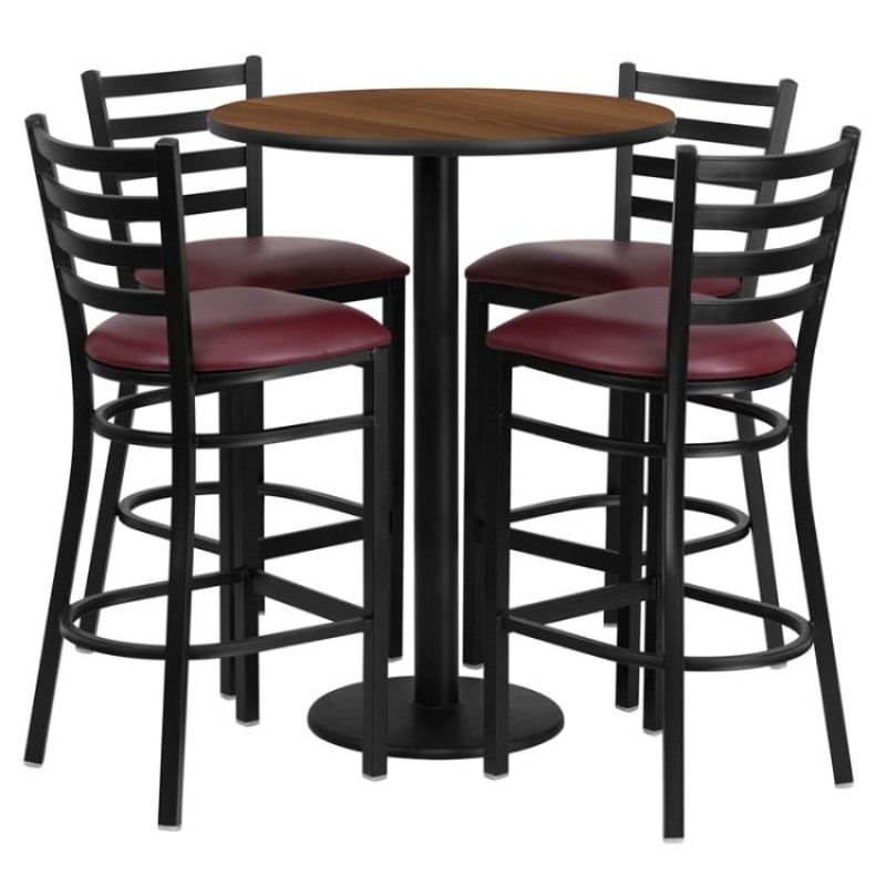 Laminate Table Set with Round Base and 4 Ladder Back Metal Barstools - Burgundy Vinyl Seat