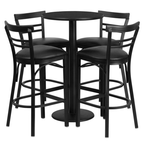 Table Set with Round Base and 4 Two-Slat Ladder Back Metal Barstools - Black Vinyl Seat