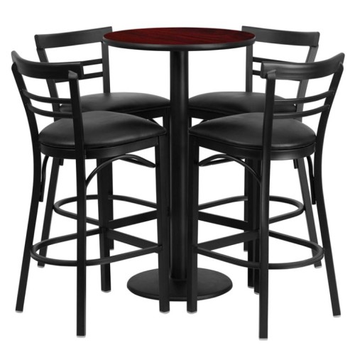 Laminate Table Set with Round Base and 4 Two-Slat Ladder Back Metal Barstools - Black Vinyl Seat