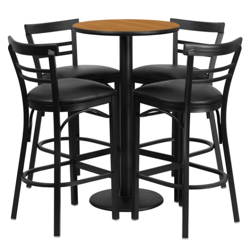 Natural Laminate Table Set with Round Base and 4 Two-Slat Ladder Back Metal Barstools - Black Vinyl Seat