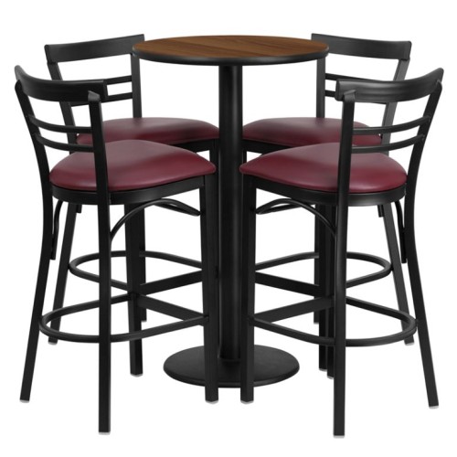 Ladder Back Metal Barstools - Burgundy Vinyl Seat