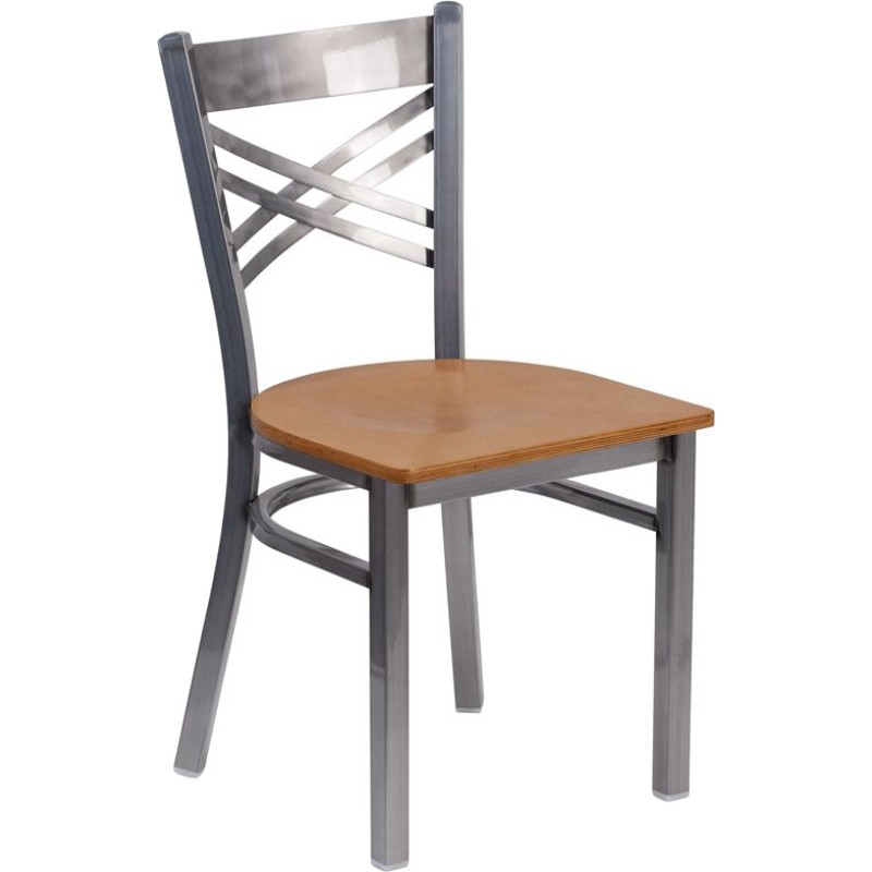 Coated ''X'' Back Metal Restaurant Chair - Natural Wood Seat