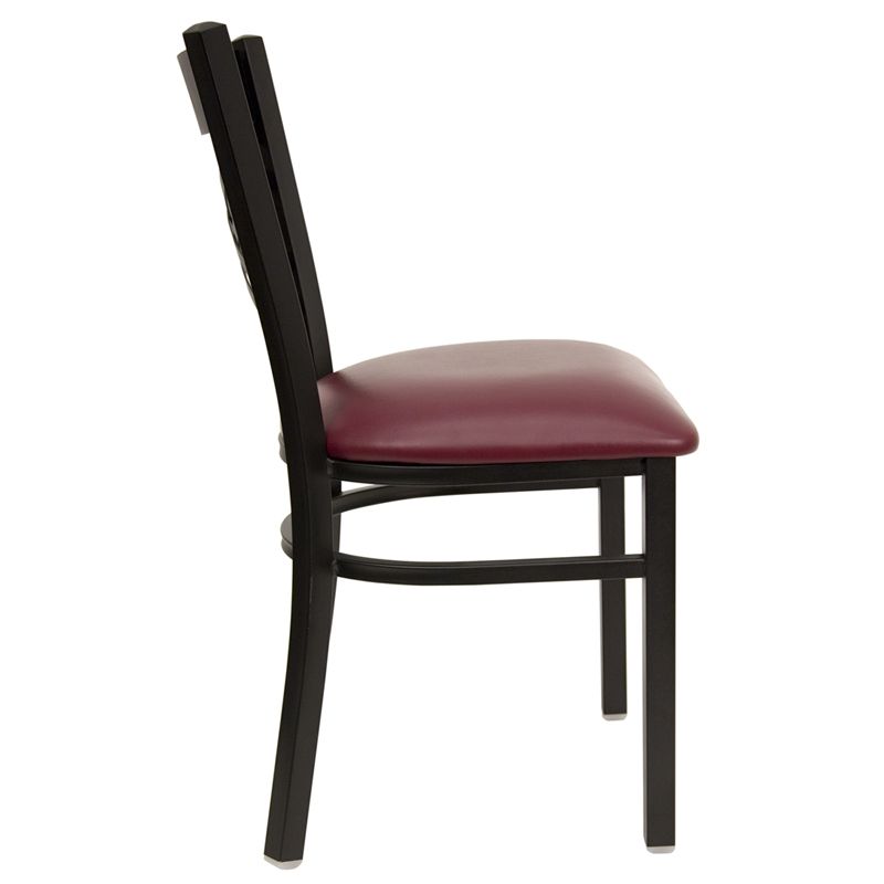 Black ''X'' Back Metal Restaurant Chair - Burgundy Vinyl Seat