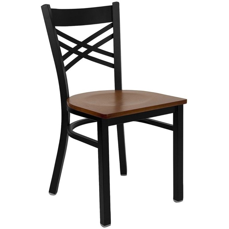 Black ''X'' Back Metal Restaurant Chair - Cherry Wood Seat