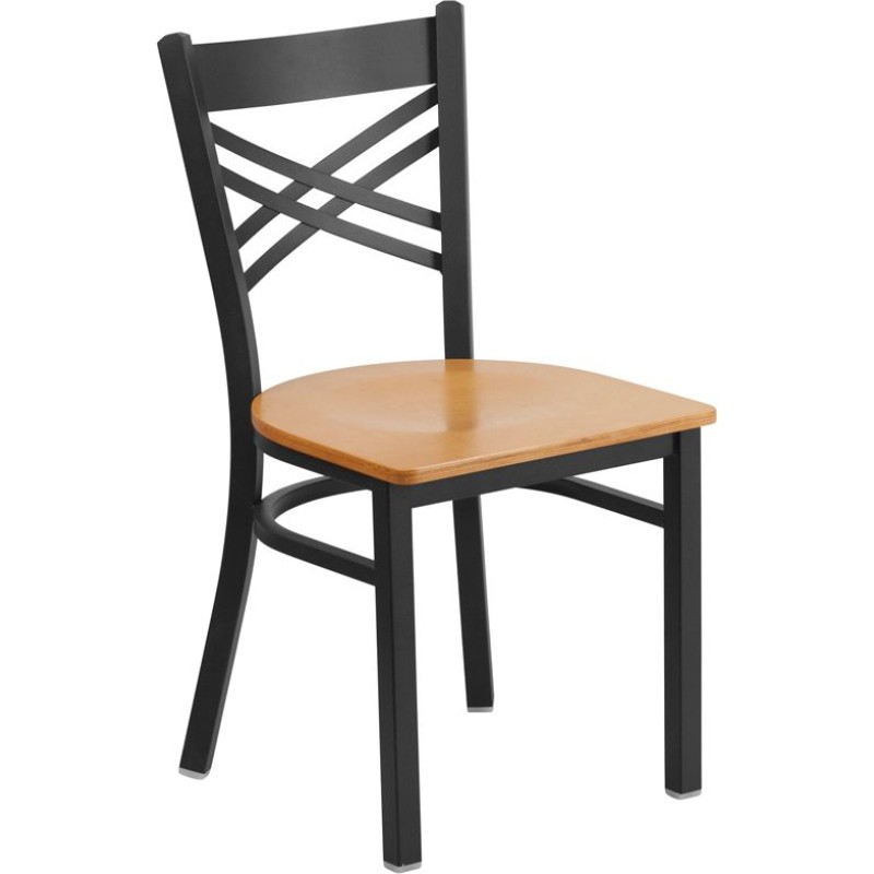 Black ''X'' Back Metal Restaurant Chair - Natural Wood Seat