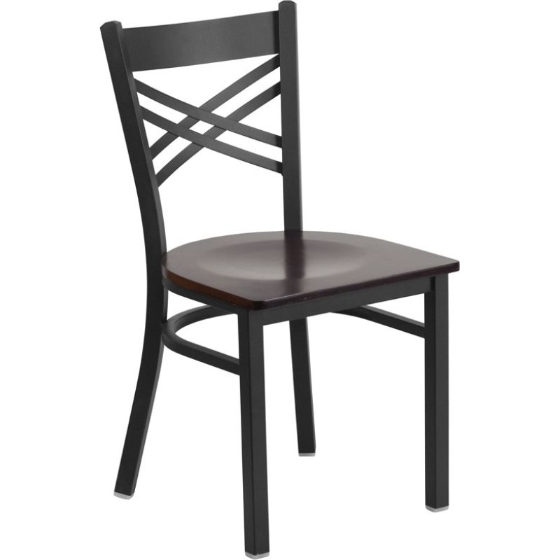 Black ''X'' Back Metal Restaurant Chair - Walnut Wood Seat