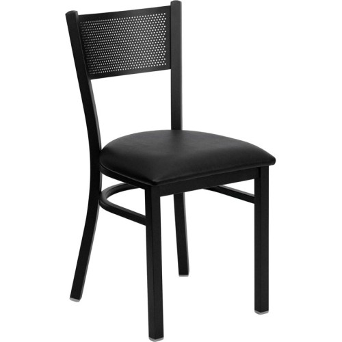 Grid Back Metal Restaurant Chair - Black Vinyl Seat