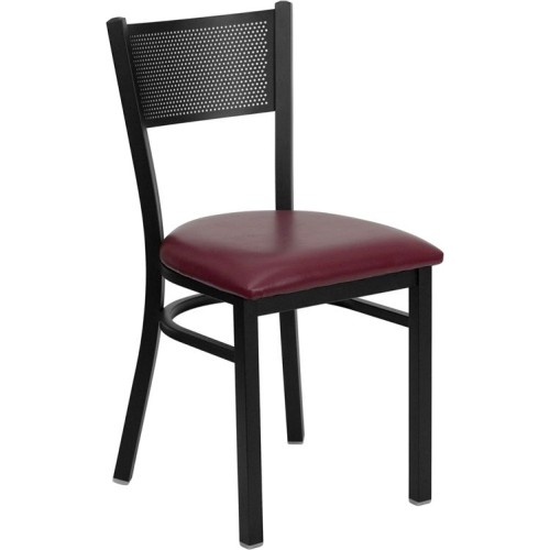 Grid Back Metal Restaurant Chair - Burgundy Vinyl Seat