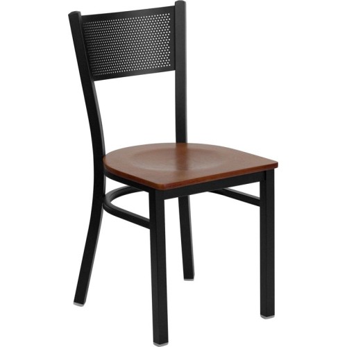 Black Grid Back Metal Restaurant Chair - Cherry Wood Seat