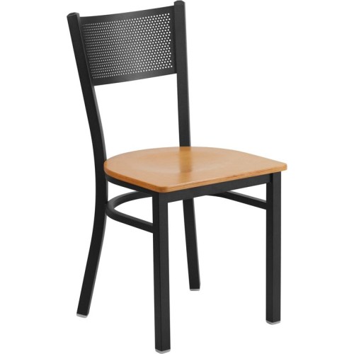 Black Grid Back Metal Restaurant Chair - Natural Wood Seat