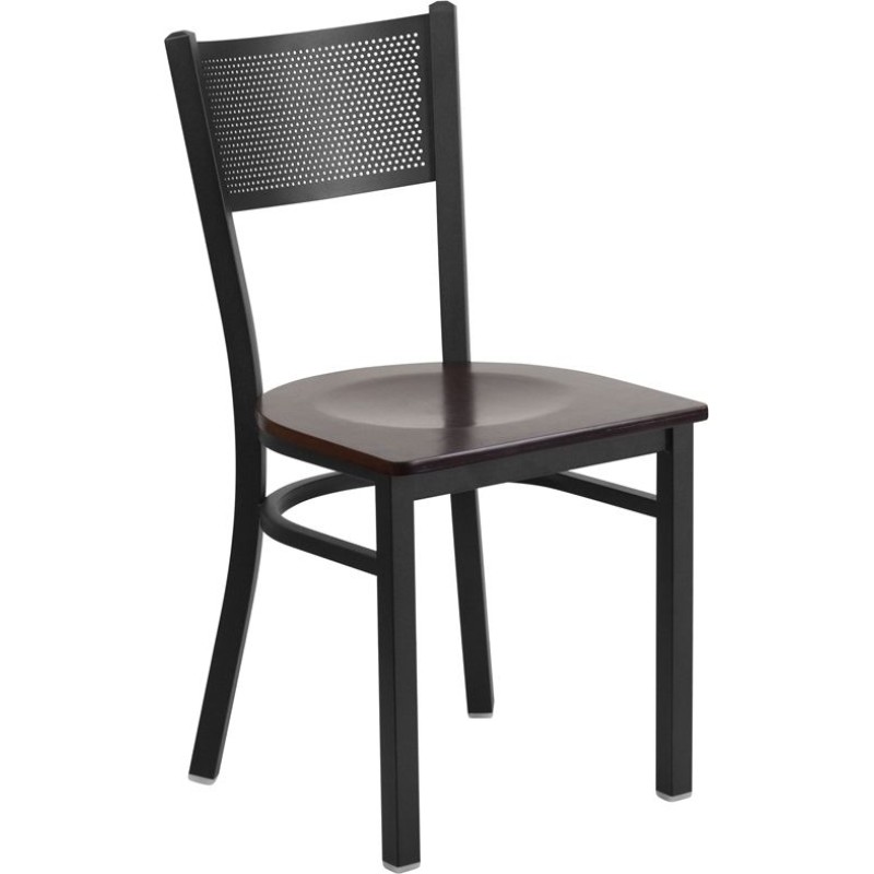 Black Grid Back Metal Restaurant Chair - Walnut Wood Seat