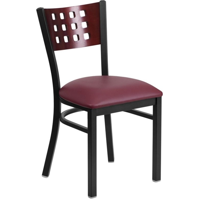 Cutout Back Metal Restaurant Chair - Mahogany Wood Back, Burgundy Vinyl Seat