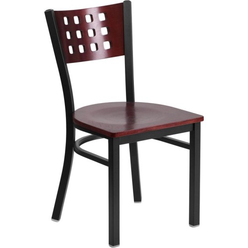 Cutout Back Metal Restaurant Chair - Mahogany Wood Back & Seat