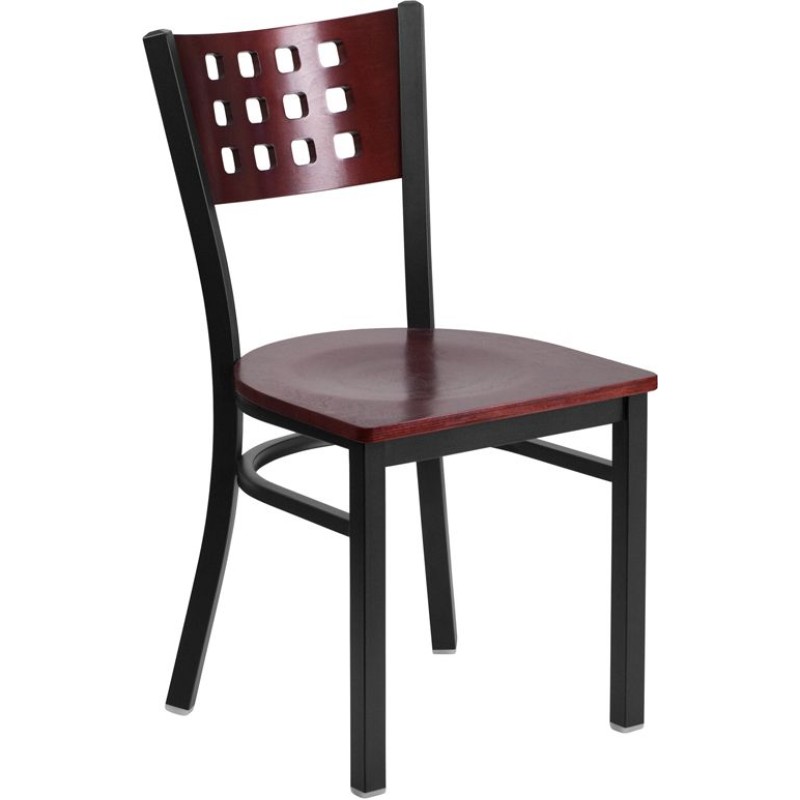 Cutout Back Metal Restaurant Chair - Mahogany Wood Back & Seat