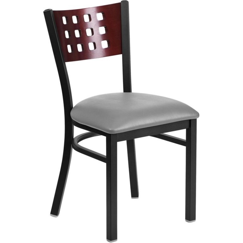 Cutout Back Metal Restaurant Chair - Mahogany Wood Back, Custom Upholstered Seat