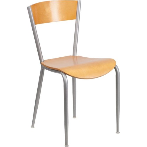 Silver Metal Restaurant Chair - Natural Wood Back & Seat