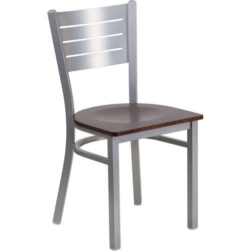 Silver Slat Back Metal Restaurant Chair - Walnut Wood Seat