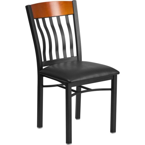 Vertical Back Black Metal and Cherry Wood Restaurant Chair with Black Vinyl Seat