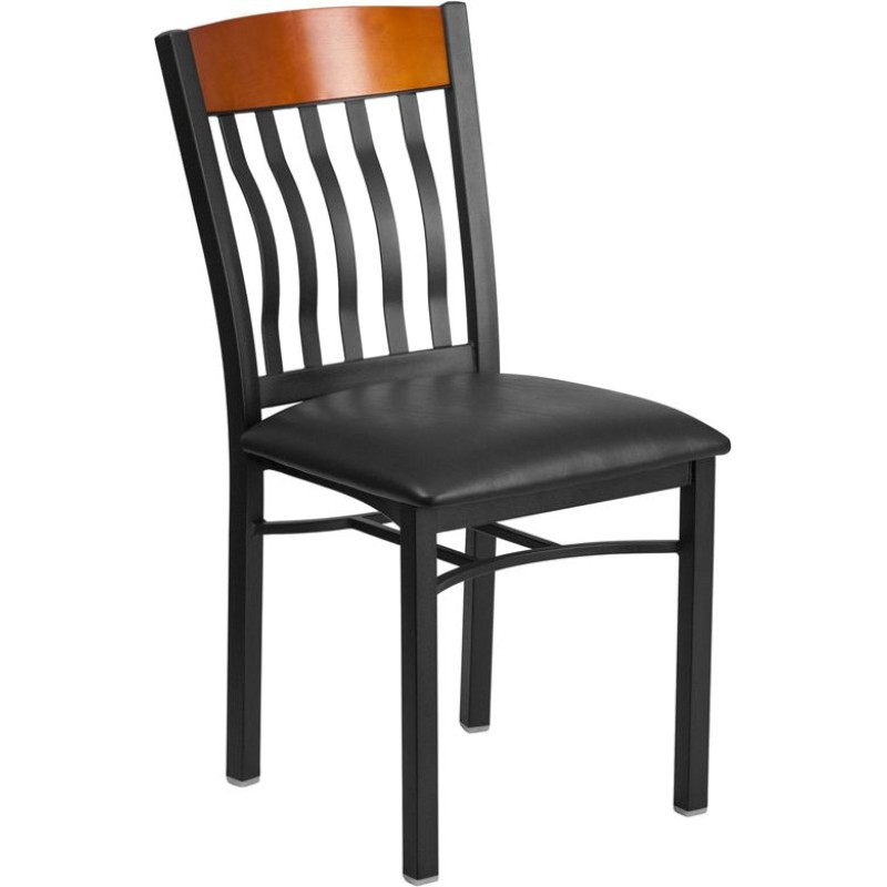 Vertical Back Black Metal and Cherry Wood Restaurant Chair with Black Vinyl Seat