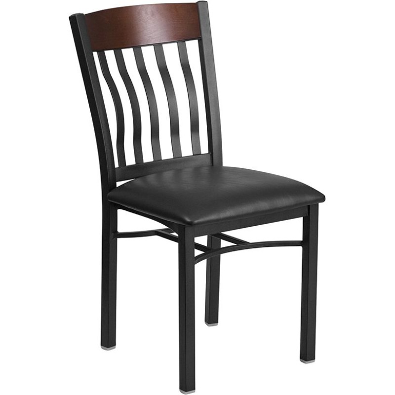 Vertical Back Black Metal and Walnut Wood Restaurant Chair with Black Vinyl Seat