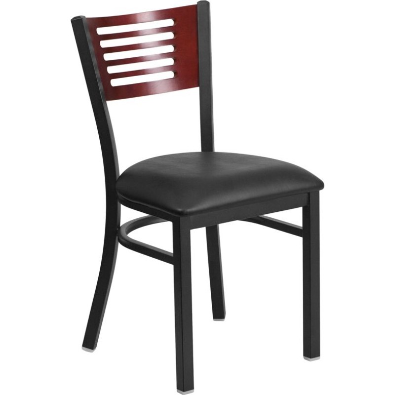 Black Slat Back Metal Restaurant Chair - Mahogany Wood Back, Black Vinyl Seat