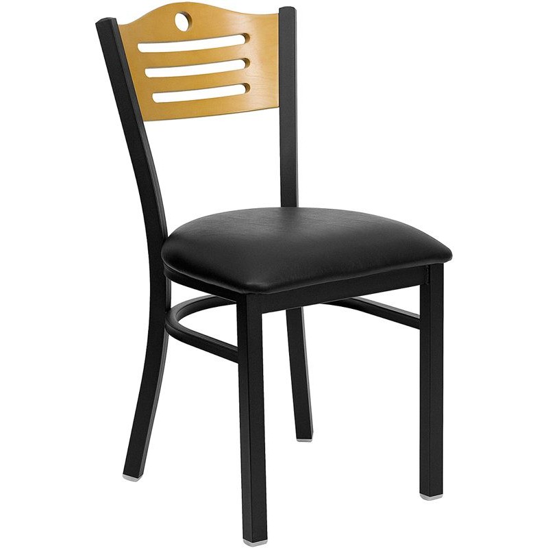 Black Slat Back Metal Restaurant Chair - Natural Wood Back, Black Vinyl Seat