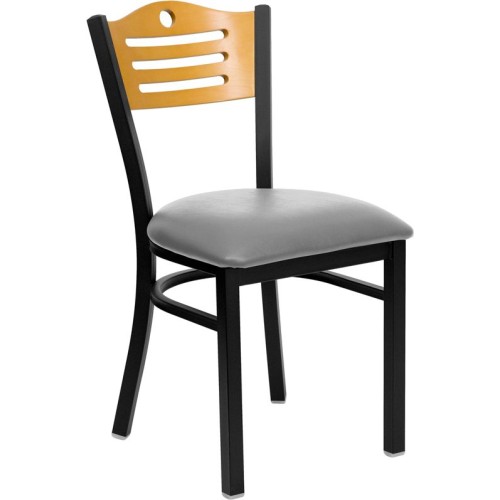 Slat Back Metal Restaurant Chair - Natural Wood Back, Custom Upholstered Seat