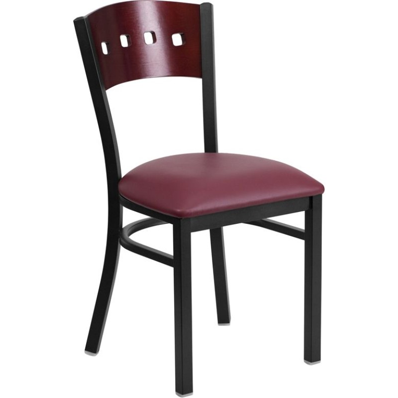 Square Back Metal Restaurant Chair - Mahogany Wood Back, Burgundy Vinyl Seat