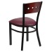 Square Back Metal Restaurant Chair - Mahogany Wood Back, Burgundy Vinyl Seat