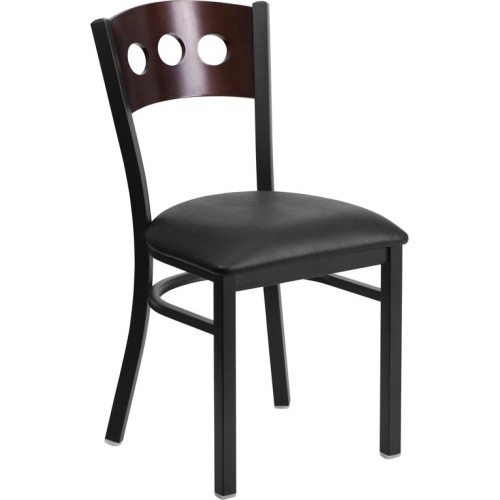 Black 3 Circle Back Metal Restaurant Chair - Walnut Wood Back, Black Vinyl Seat