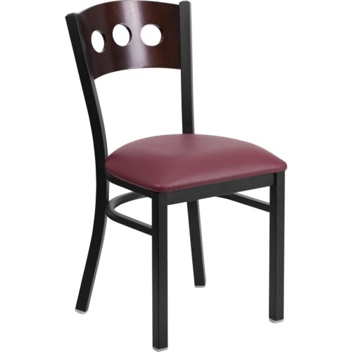 3 Circle Back Metal Restaurant Chair - Walnut Wood Back, Burgundy Vinyl Seat