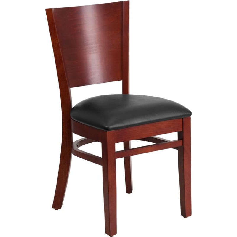 Solid Back Mahogany Wood Restaurant Chair - Black Vinyl Seat