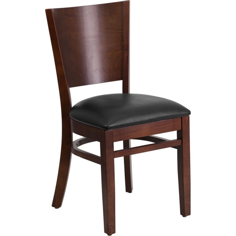 Solid Back Walnut Wood Restaurant Chair - Black Vinyl Seat