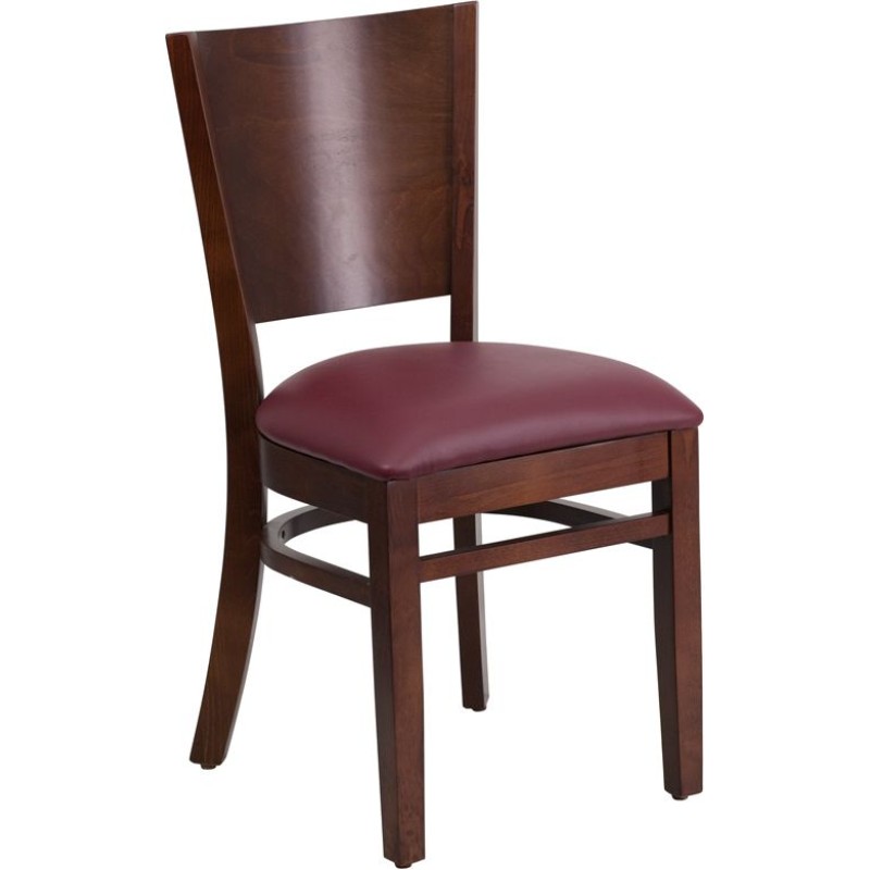 Solid Back Walnut Wood Restaurant Chair - Burgundy Vinyl Seat