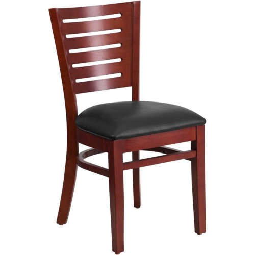 Slat Back Mahogany Wood Restaurant Chair - Black Vinyl Seat