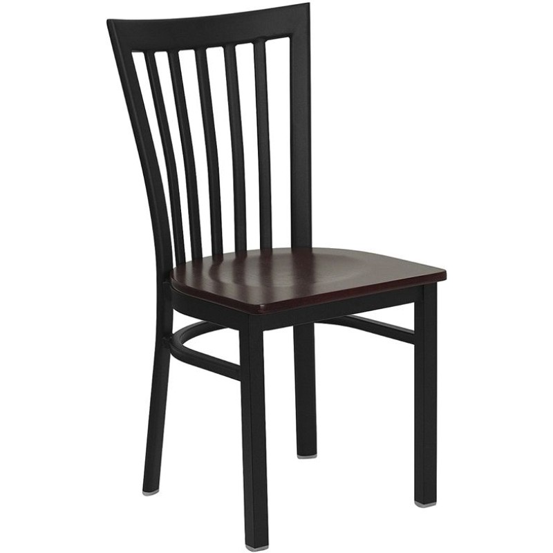 Black School House Back Metal Restaurant Chair - Mahogany Wood Seat