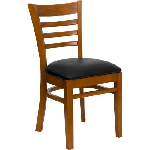 Ladder Back Cherry Wood Restaurant Chair - Black Vinyl Seat